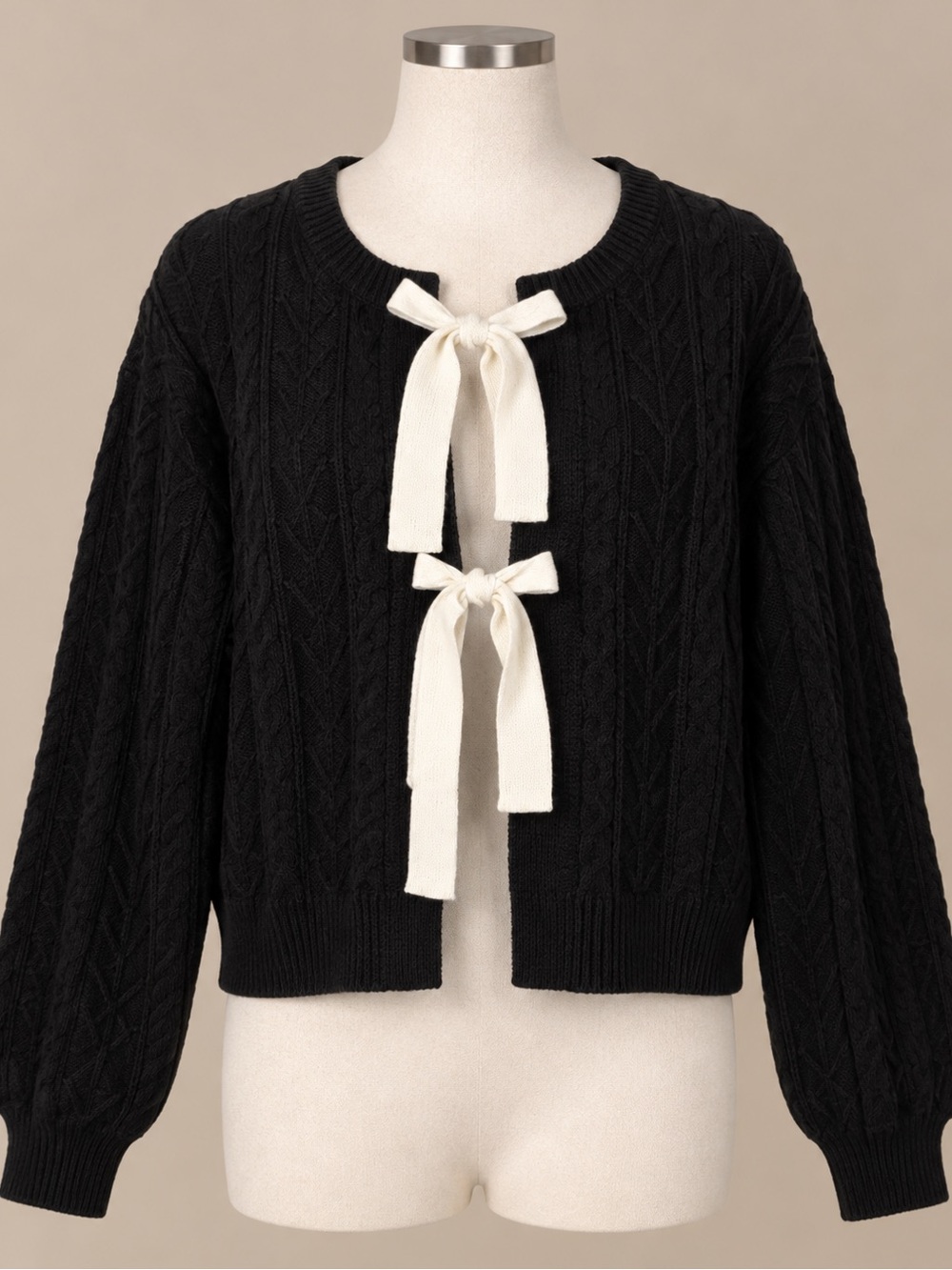 ZESICA Black Cable Knit Tie-Front Cardigan – Size Large